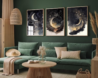 Set of Three Dreamy Night Sky Art Prints - 3 Moon and Stars Paintings - Poster Home Wall Décor Gift Giclée - Crescent Watercolour Grey Tones