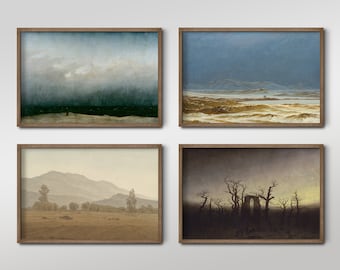 May include: Four framed landscape art prints. The artworks depict scenes of nature, including seascapes, mountains, and forests, in a muted color palette. Each piece is framed in a simple, light brown wooden frame, creating a cohesive set.