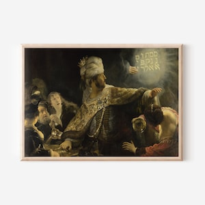 May include: A painting depicting a scene from the Bible, with a man in a turban and robe gesturing towards a glowing cloud with Hebrew text. Other figures are present, including a woman in a red dress.