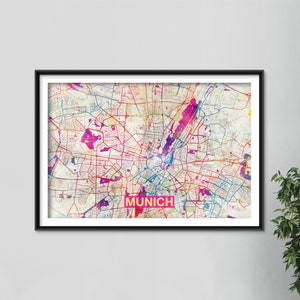 Munich Map - Original Art Print - City Street Map of Munich, Germany - Poster Watercolor Illustration Wall Art Home Decor Gift
