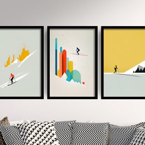 Set of Three Skiing Prints - 3 Art Paintings Poster Photo Wall Gift Museum Giclée - Ski Slopes, Sking, Gondola, Abstract, Minimalist, Alpine