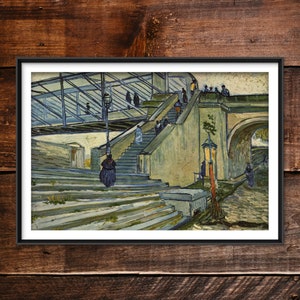May include: A painting depicting a set of stairs leading up to a bridge. The stairs are constructed from stone and are painted in various shades of blue, green, and brown. Figures can be seen walking up and down the stairs, and the bridge is painted in a light blue hue. The painting is executed in a style reminiscent of Vincent van Gogh.