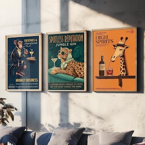 Set of Three Animal Cocktail Art Prints | Monkey Leopard Giraffe Bar Wall Art, Funny Poster, Painting