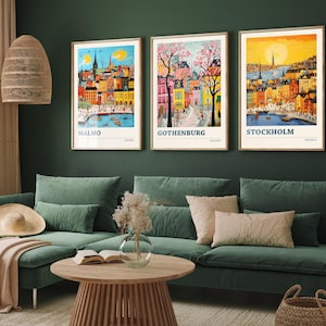 Set of Three Sweden Travel Posters - Malmo, Gothenburg, Stockholm - 3 Modern Art Prints - Photo Painting Illustration Gift Map Swedish