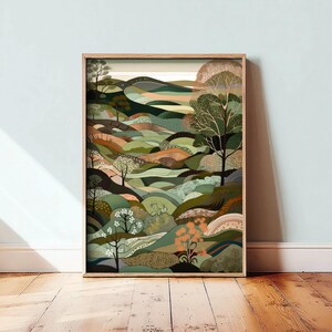 Può includere: Una stampa d'arte verticale incorniciata che raffigura un paesaggio stilizzato di colline ondulate nei toni del verde salvia, oliva, terracotta e crema. La scena include vari alberi con rami intricati e strati di terreno strutturati.