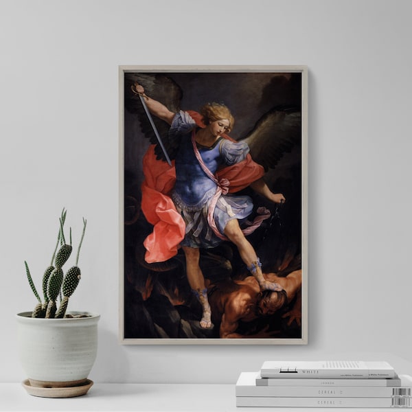 Guido Reni - Archangel Michael Tramples Satan (1635) - Classic Painting Photo Poster Print Art Gift Home - Bible Christian Fight Defeats