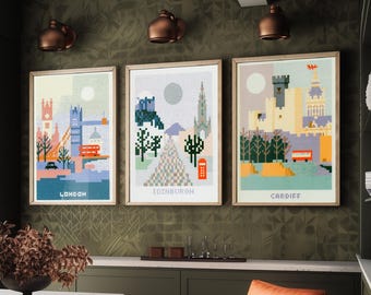 Pixel Cities Set of Three Travel Posters - London, Edinburgh, Cardiff - UK Pixel Art Print Illustration Gift Retro Decor