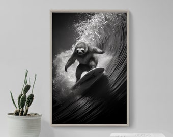 Animals Surfing Photograph Sloth - Art Print Poster Painting - Museum Quality Giclee Home Wall Décor