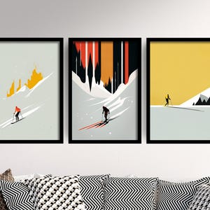 Juego de tres láminas de esquí - 3 pinturas artísticas, pósteres, fotos, regalos de pared, impresión giclée de museo - Pistas de esquí, esquí, góndola, abstracto, montaña, nieve