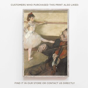 May include: A painting of a young ballerina in a white tutu, practicing with a man playing a violin. The ballerina is wearing a red ribbon in her hair and is standing on her toes. The man is sitting on a chair and is looking at the ballerina. The painting is done in a soft, pastel style.