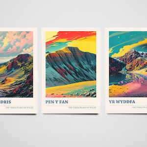 Set of Three Peaks Travel Posters - Cader Idris, Pen y Fan, Yr Wyddfa- 3 Art Prints - Photo Painting Illustration Gift Visit Map Mount