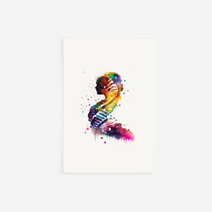 Watercolour Silhouettes - Dna Double Helix Becoming Human - Art Print Poster Painting - Museum Quality Giclee Home Wall Décor