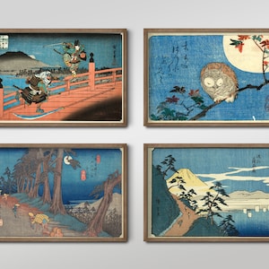 Set of Four Utagawa Hiroshige - 4 Classic Paintings - Photo Poster Wall Art Gift Giclée Museum Quality - Blue Tones, Owl Mount Fuji Ukiyo-e