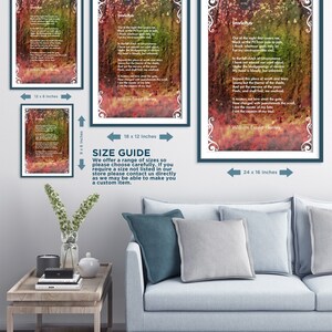 May include: A size guide for art prints featuring the poem "Invictus" by William Ernest Henley. The guide shows three different sizes: 12 x 8 inches, 18 x 12 inches, and 24 x 16 inches. The poem is printed on a textured background with a vintage aesthetic.