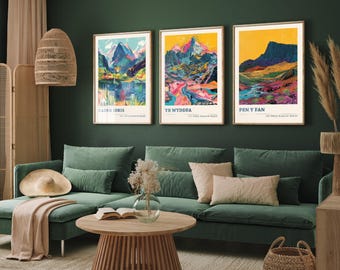 Set of Three Peaks Travel Posters - Cader Idris, Yr Wyddfa, Pen y Fan - 3 Art Prints - Photo Painting Illustration Gift Visit Map Mount