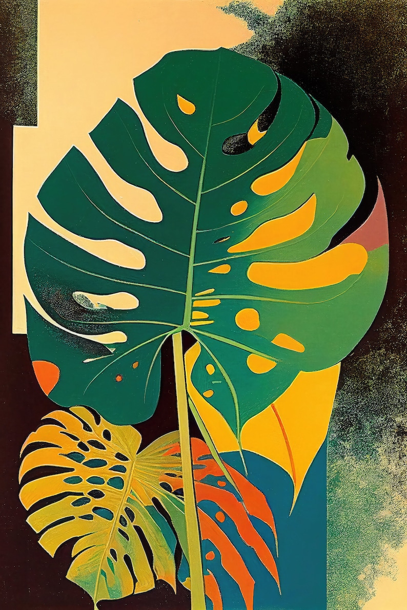 モンステラの葉の絵画6枚セット - 植物画プリント6枚 - 写真ポスター壁掛けギフトジクレー - 自然、葉、緑、モンステラ 画像 2