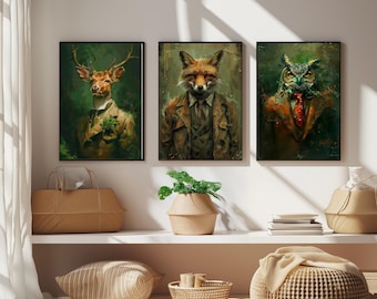 Set of Three Woodland Animals Wearing Suits Paintings - 3 Deer Fox Owl Art Prints - Photo Poster Wall Gift Giclée Décor #L2