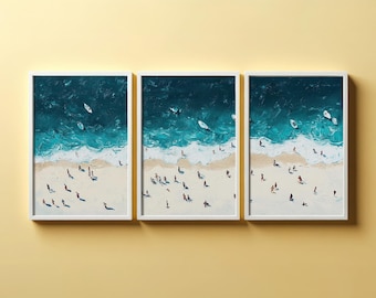 Aerial View of Portobello Beach Set of Three Posters - Populated Illustration of Ocean - 3 Art Prints Painting Sand Waves Edinburgh Scotland