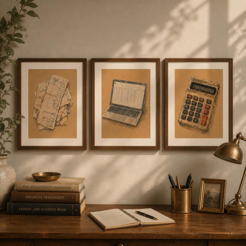 Accountant Office Set of Three Prints | Receipts Laptop Calculator ...