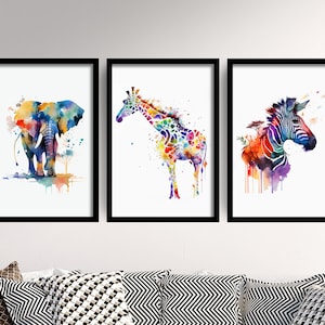 Set of Three Safari Animal Watercolour Prints - 3 Art Paintings Poster Photo Wall Museum Giclée - Elephant, Giraffe, Zebra, Zoo, Jungle