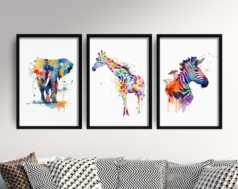 Set of Three Safari Animal Watercolour Prints - 3 Art Paintings Poster Photo Wall Museum Giclée - Elephant, Giraffe, Zebra, Zoo, Jungle