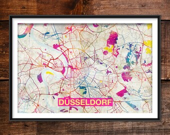 Düsseldorf Map - Original Art Print (Rainbow) - City Street Map of Dusseldorf, Germany - Poster Watercolor Illustration Wall Home Decor Gift