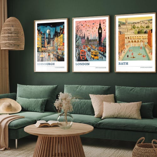 Set of Three UK Travel Posters - Edinburgh, London, Bath - 3 Modern Art Prints - Photo Painting Illustration Gift Map Artwork United Kingdom