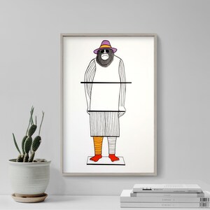 Line Drawing in Coloured Ink Black Bear - Art Print Poster Painting - Giclee Home Wall Décor