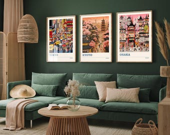 Ensemble de trois affiches de voyage au Japon - Tokyo, Kyoto, Osaka - 3 impressions d'art moderne - photo, peinture, illustration, cadeau, carte japonaise