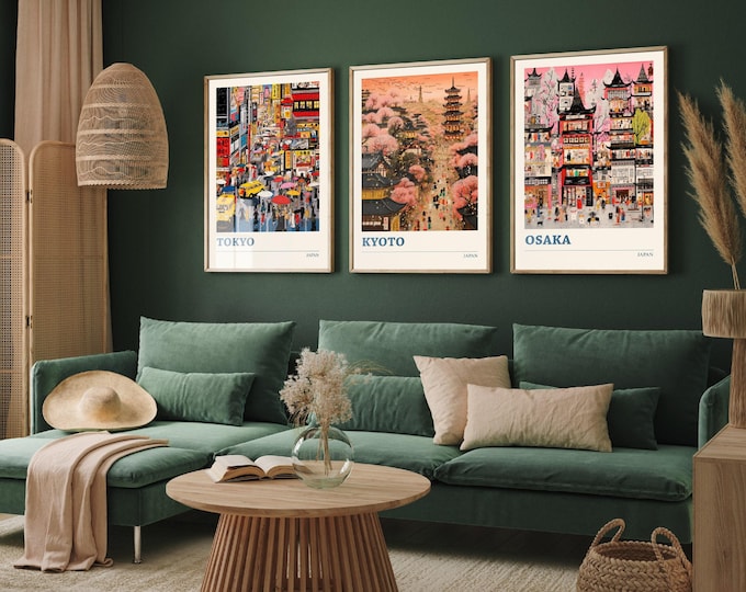 Set of Three Japan Travel Posters - Tokyo, Kyoto, Osaka - 3 Modern Art Prints - Photo Painting Illustration Gift Map Japanese
