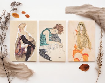 Set of Three Egon Schiele Art Prints - Girl with Crossed Legs, Seated Woman, Girl with Long Hair - Expressionist Watercolour Posters