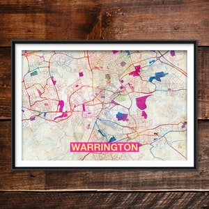 Warrington Map - Original Art Print (Rainbow) - City Street Map of Warrington, England - Poster Watercolor Wall Art Home Decor Gift
