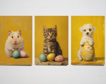 Set of Three Easter Animal Prints - 3 Yellow Paintings Photo Poster Wall Art Gift Giclée Museum Quality - Hamster Kitten Cat Puppy Dog Eggs