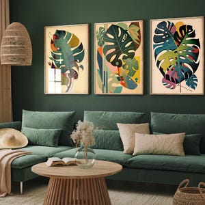 Set of Three Monstera Leaf Paintings - 3 Botanical Art Prints - Photo Poster Wall Gift Giclée - Nature, Foliage, Greenery, Illustration
