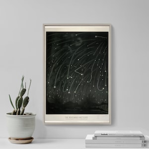 Puede incluir: Una ilustración vintage en blanco y negro de las meteoros de noviembre, también conocidas como las Leónidas, con el texto "The November Meteors" en la parte inferior de la imagen.