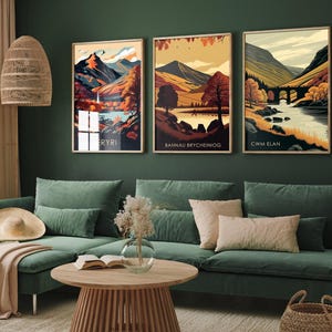 Set of Three Welsh Locations in Autumn Travel Posters (Welsh Names) - Set of 3 Bannau Brycheiniog, Cwm Elan, Eryri Vector Paintings Wall Art