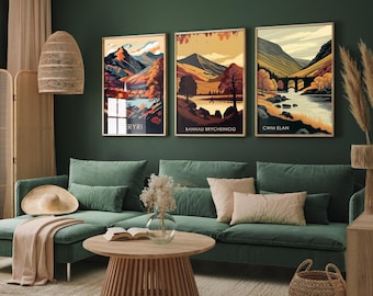Set of Three Welsh Locations in Autumn Travel Posters (Welsh Names) - Set of 3 Bannau Brycheiniog, Cwm Elan, Eryri Vector Paintings Wall Art