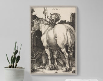 Albrecht Durer - The Large Horse (1505) - Classic Painting Photo Poster Print Art Gift Wall Home Decor - Big Massive Fat Equine Riding