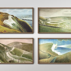 Set of Four Eric Ravilious Prints - 4 Classic Paintings - Photo Poster Wall Art Gift Giclée Museum Quality - Sussex Landscapes, South Downs