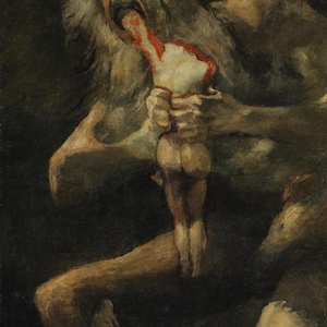 以下が含まれることがあります： 暗く劇的な絵画は、より小さな人間の形をむさぼり食う怪物のような姿を描いています。このアートワークは、人物の表情と暴力的な行為に焦点を当てた、落ち着いた色使いを使用しています。スタイルは歴史的な芸術を彷彿とさせます。