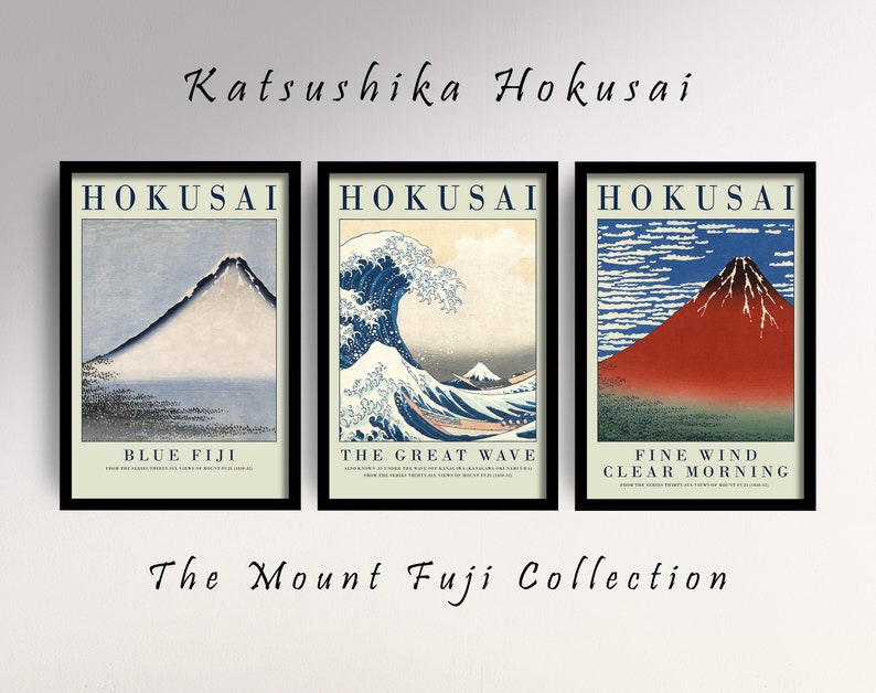 Set of Three Katsushika Hokusai Prints The Mount Fuji Collection 3 Paintings, Poster Wall Art Gift Giclée, The Great Wave ATTEMPT3 image 1