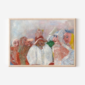 May include: A painting of a group of people wearing colorful masks and costumes. The painting is done in a loose, impressionistic style, with a focus on the figures' faces and expressions. The background is a hazy, indistinct blur of color.