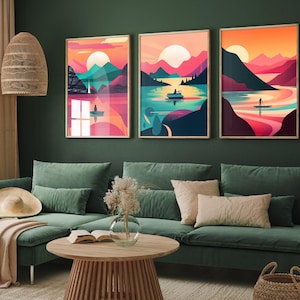 Set of Three Abstract Water Taxi Posters - Dreamlike Pink Vector Paintings - Psychedelic Art Prints - Futuristic Home Decor Big Moon Sun