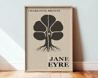 May include: A rectangular wall art print featuring a black silhouette of a tree with four large, rounded leaves and visible roots centered over a background of printed text from the novel Jane Eyre by Charlotte Brontë in a serif font.