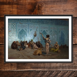 May include: A painting depicting a snake charmer in a tiled room with a group of men watching. The charmer is nude and holding a snake in their hands. The men are wearing traditional clothing and some are holding weapons.