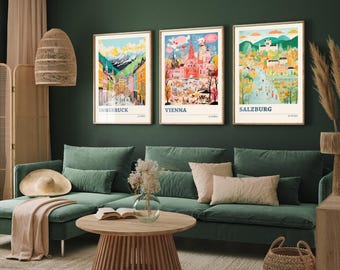 Zestaw trzech plakatów podróżniczych do Austrii – Innsbruck, Wiedeń, Salzburg – 3 nowoczesne wydruki artystyczne – fotoobraz, ilustracja, mapa prezentowa, odwiedź Europę