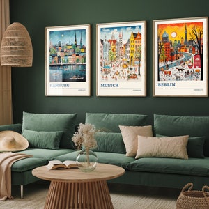 Set of Three Germany Travel Posters - Hamburg, Munich, Berlin - 3 Modern Art Prints - Photo Painting Illustration Gift Map German Decor