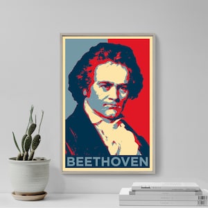 May include: A red, white, and blue poster with a portrait of Ludwig van Beethoven. The poster has the text "BEETHOVEN" at the bottom.