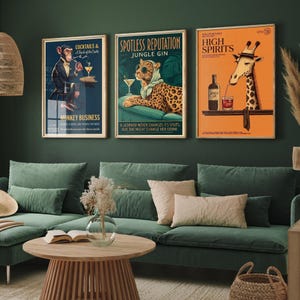 Set van drie dieren die gin-posters drinken - INSTANT DOWNLOAD - afbeelding Monkey Leopard Giraffe Bar - Art Print JPEG
