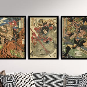 Dreiteiliges Set von Utagawa Kuniyoshi-Drucken – 3 japanische Kriegergemälde – Fotoposter, Wandbild, Geschenk, Giclée-Druck – Helden der Räuber vom Liang Shan Po